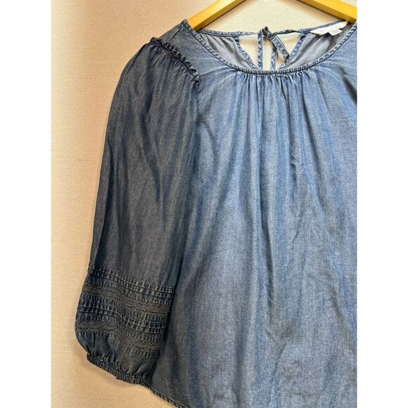 LC Lauren Conrad Women's Flowy Puff Sleeve Chambray Top Stretch Size XS Blue - Picture 7 of 13